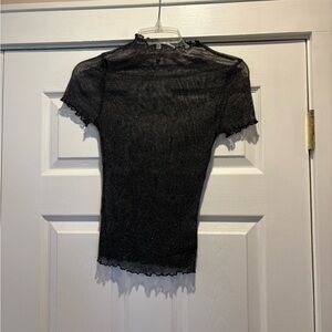 SHEIN Black Short Sleeve Sheer Ruffle Mock Neck Tee